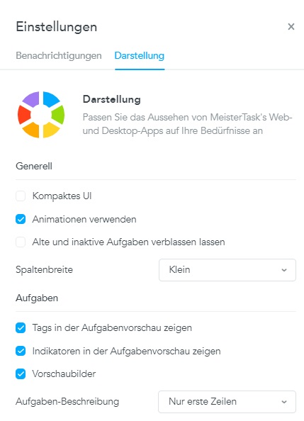 Meistertask Darstellungsoptionen
